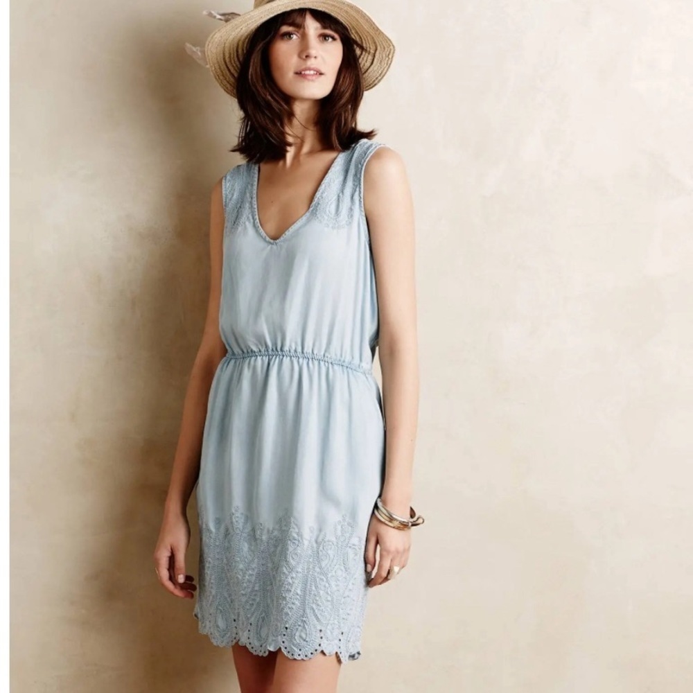Anthropologie Holding Horses Blue Chambray Embroidered Eyelet Scallop Dress XS